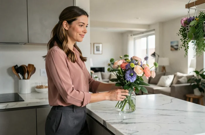 Femme préparant son appartement avec des fleurs fraîches avant un troisième rendez-vous romantique