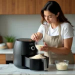 Femme versant du riz dans le panier d'un Air Fryer Moulinex sur un plan de travail en marbre dans une cuisine moderne