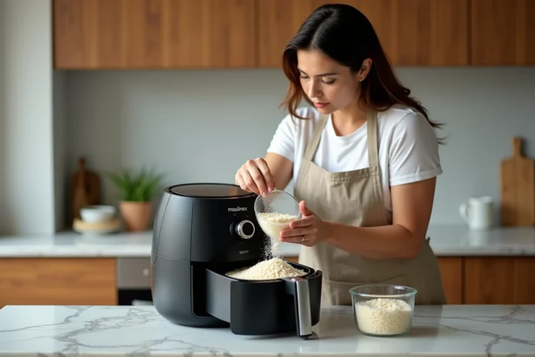 Femme versant du riz dans le panier d'un Air Fryer Moulinex sur un plan de travail en marbre dans une cuisine moderne