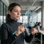 Femme professionnelle interagissant avec une interface de réalité augmentée dans un bureau technologique moderne