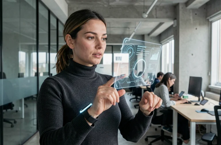 Femme professionnelle interagissant avec une interface de réalité augmentée dans un bureau technologique moderne