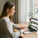 Femme consultant des annonces immobilières en ligne sur un ordinateur portable dans un bureau à domicile moderne