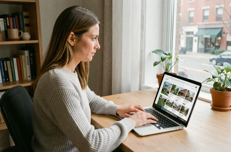 Femme consultant des annonces immobilières en ligne sur un ordinateur portable dans un bureau à domicile moderne