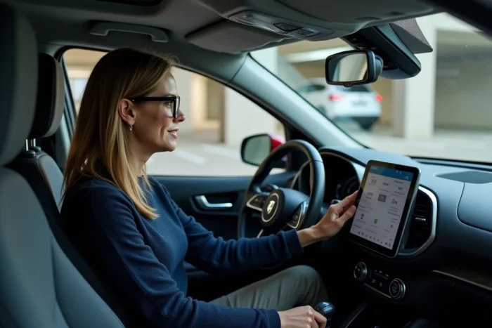 Conductrice consultant les paramètres du mode éco sur l'écran tactile de sa Citroën C3 dans un parking