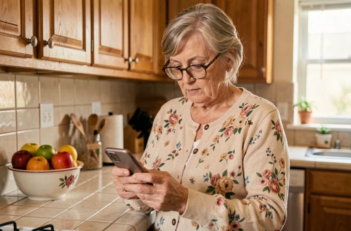 Femme senior utilisant son smartphone pour contacter sa mutuelle santé depuis sa cuisine