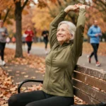Femme de 60 ans en tenue de sport faisant des étirements dans un parc en automne pour maintenir une bonne forme physique