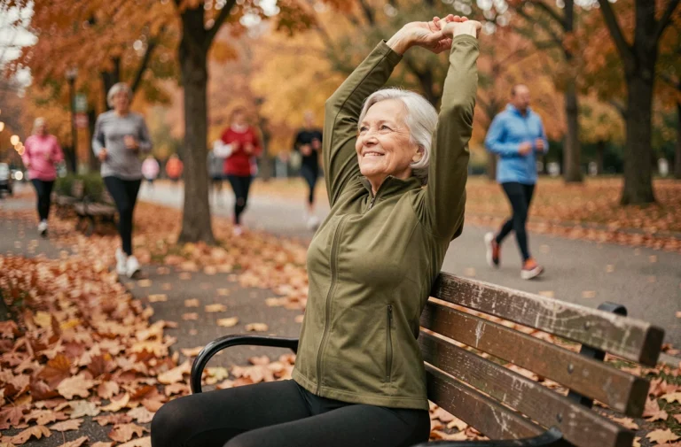 Femme de 60 ans en tenue de sport faisant des étirements dans un parc en automne pour maintenir une bonne forme physique