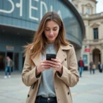 Jeune femme consultant son smartphone devant l'entrée d'Arena Versailles pour trouver son chemin