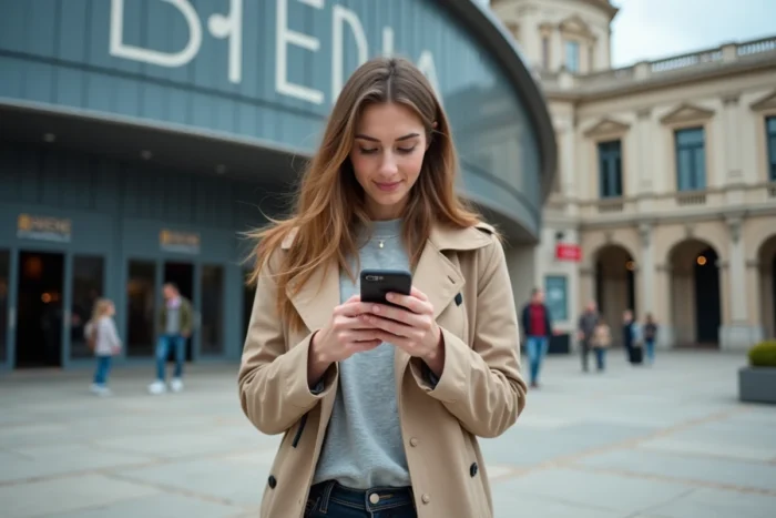Jeune femme consultant son smartphone devant l'entrée d'Arena Versailles pour trouver son chemin