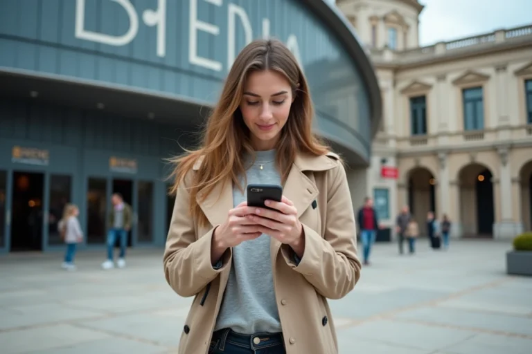 Jeune femme consultant son smartphone devant l'entrée d'Arena Versailles pour trouver son chemin