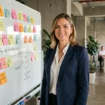 Femme professionnelle devant un tableau blanc avec une stratégie marketing visuelle dans un bureau moderne