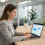 Femme professionnelle activant la synchronisation OneDrive sur un laptop dans un bureau moderne