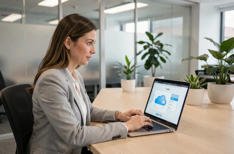 Femme professionnelle activant la synchronisation OneDrive sur un laptop dans un bureau moderne