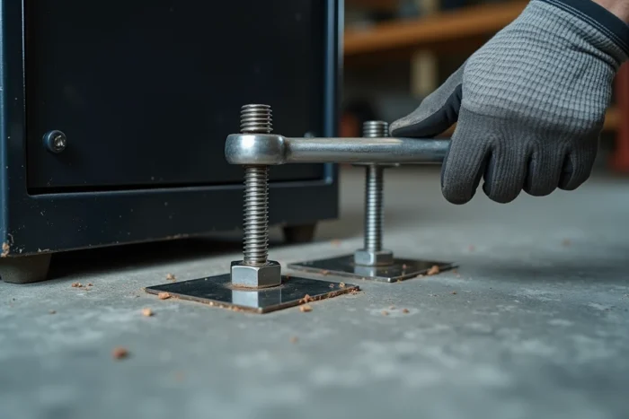 Gros plan sur la fixation des boulons d'ancrage d'un coffre-fort au sol en béton dans un garage