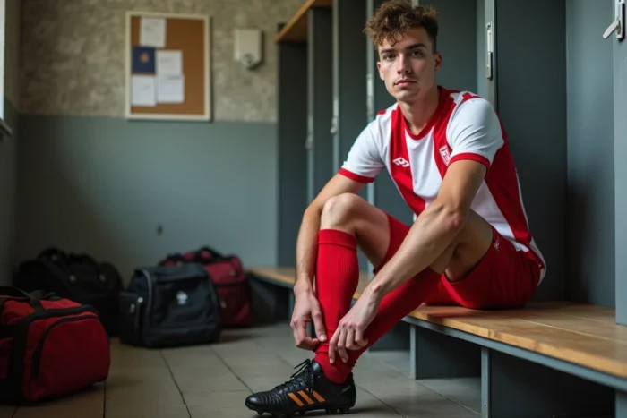 Jeune footballeur amateur lacant ses chaussures de foot dans un vestiaire de club amateur français avant un match