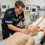 Stagiaire ambulancier en formation pratique sur mannequin dans un centre de simulation médicale en Belgique