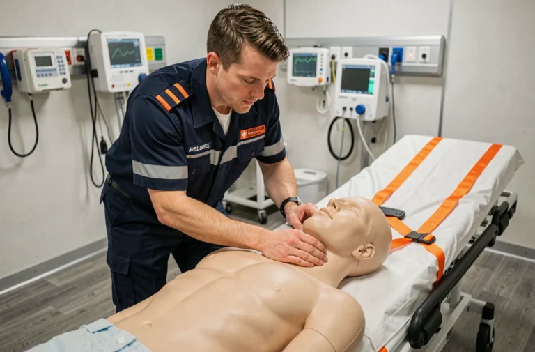 Stagiaire ambulancier en formation pratique sur mannequin dans un centre de simulation médicale en Belgique