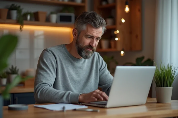 Homme utilisant un ordinateur portable depuis chez lui pour remplir un formulaire de contact en ligne afin d'obtenir des informations sur un service