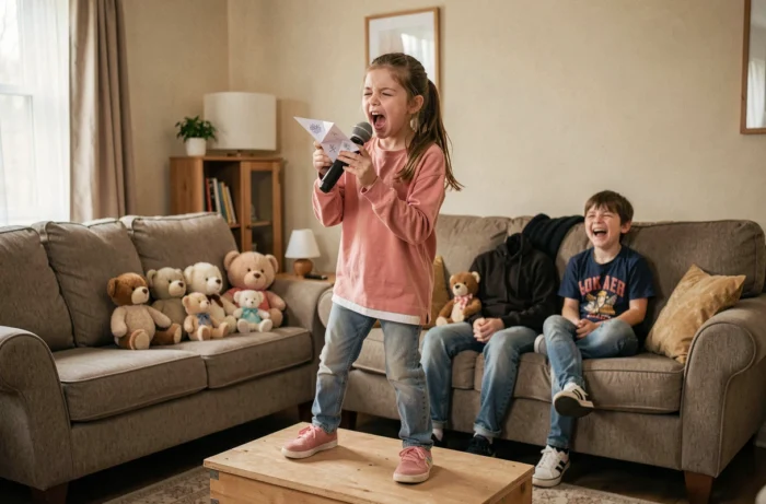 Jeune fille chantant en tenant une cocotte en papier comme un microphone dans un salon