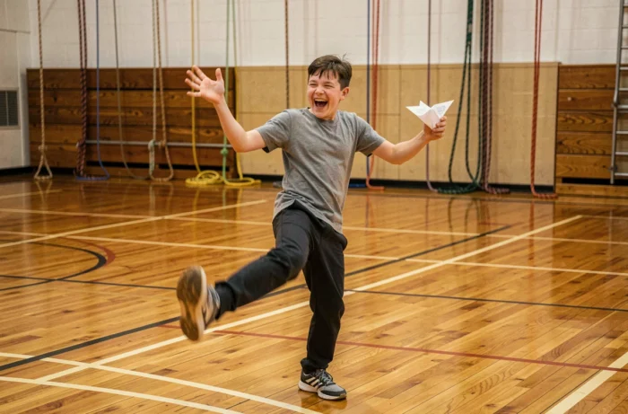 Adolescent faisant une danse ridicule en tenant une cocotte en papier dans un gymnase