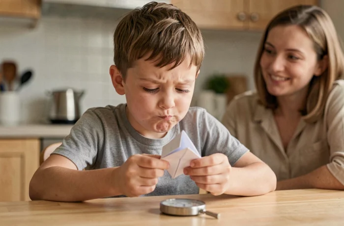 Enfant tenant silencieusement une cocotte en papier en essayant de ne pas rire