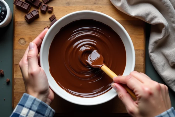 Vue de dessus d'un bol de ganache onctueuse en train d'être mélangée avec une spatule, avec des éclats de chocolat autour