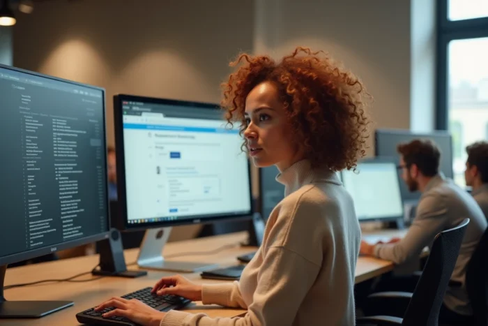 Jeune femme gérant les paramètres de sécurité de son compte dans un espace de coworking