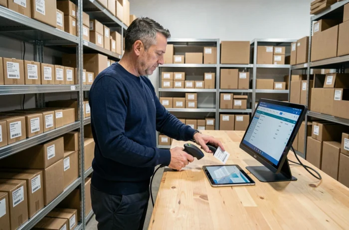Homme gérant les expéditions et stocks dans un entrepôt de petite boutique e-commerce