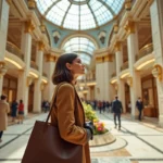 Femme élégante admirant l'architecture Art Nouveau d'un grand magasin de luxe parisien avec dôme en verre et balcons dorés