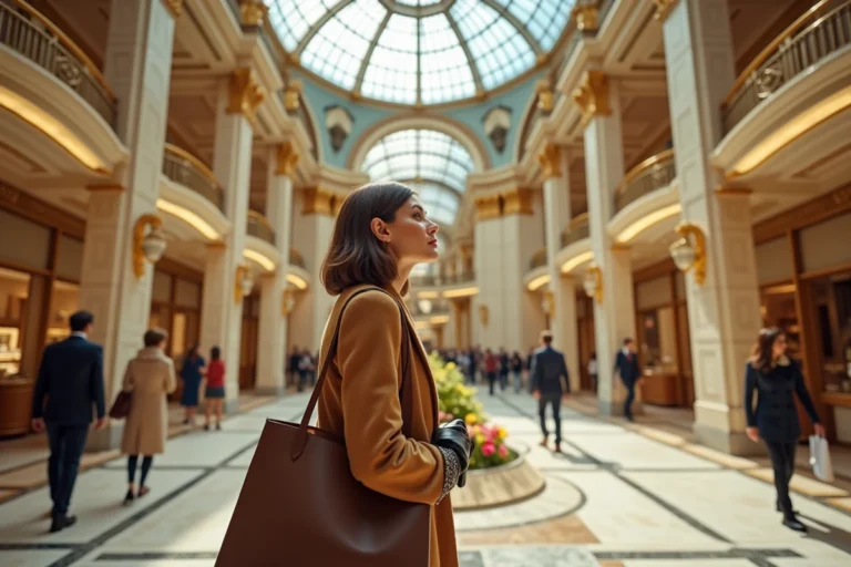 Femme élégante admirant l'architecture Art Nouveau d'un grand magasin de luxe parisien avec dôme en verre et balcons dorés
