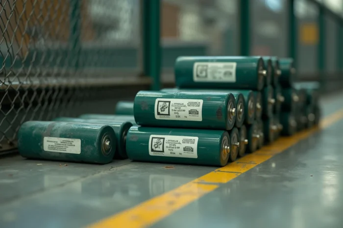 Gros plan sur des batteries lithium-ion usagées empilées avec symboles de recyclage réglementaires dans un centre de tri