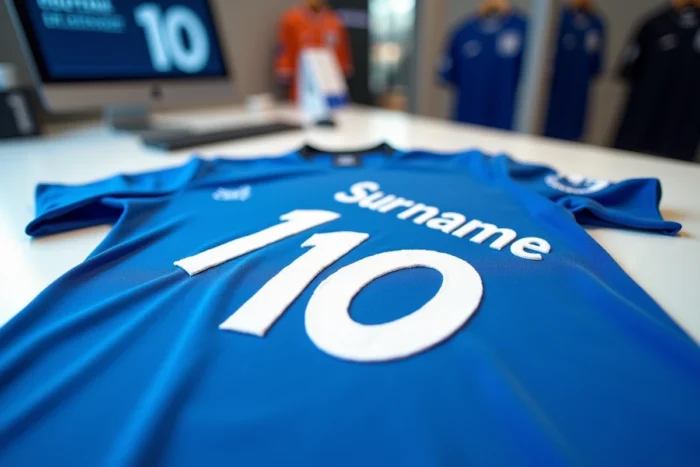 Gros plan sur le flocage d'un maillot de football bleu avec nom, numéro et tarif du service en magasin de sport