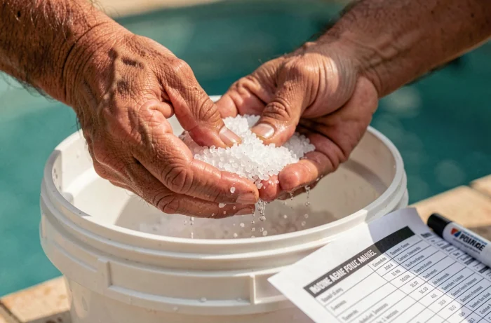 Gros plan sur des mains versant du sel de piscine depuis un seau avec un planning d'entretien