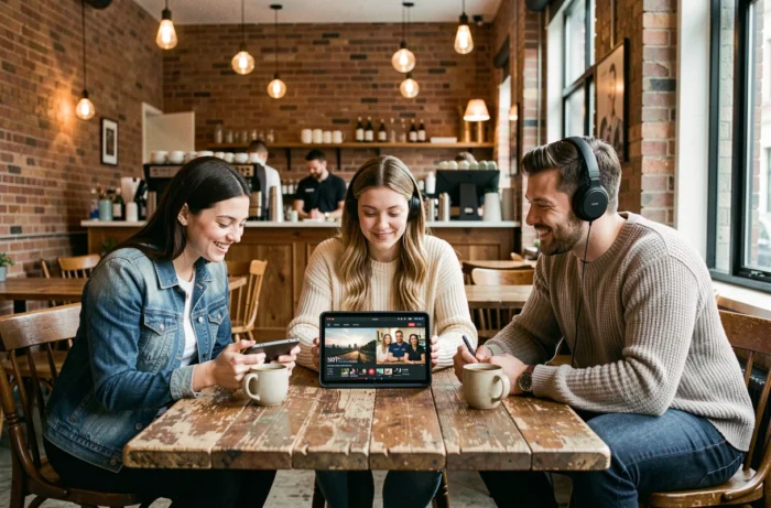 Groupe d'amis geek partageant leurs passions high-tech et culture pop dans un café urbain
