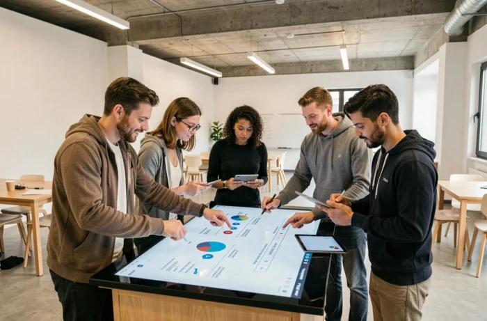 Groupe de professionnels adultes participant à un atelier de formation innovante sur écran tactile interactif dans un espace moderne