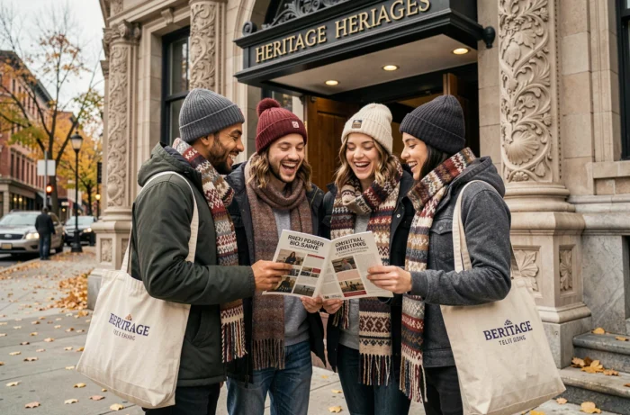 Groupe de jeunes adultes consultant un programme de spectacle devant la façade ornementée d'un théâtre historique en automne
