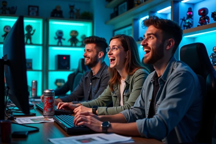 Groupe de jeunes adultes passionnés de culture geek réunis autour d'un écran dans un studio de streaming décoré de figurines et de références pop culture