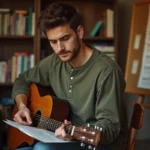 Jeune guitariste lisant une tablature imprimée sur un pupitre dans un studio de musique maison chaleureux