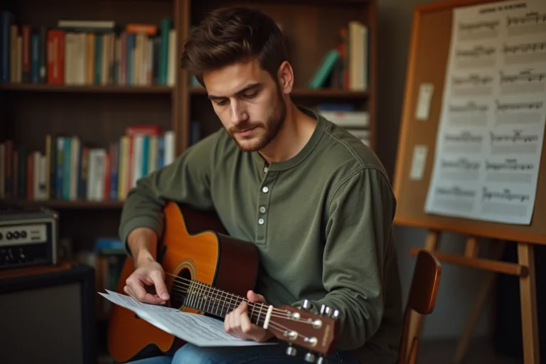 Jeune guitariste lisant une tablature imprimée sur un pupitre dans un studio de musique maison chaleureux