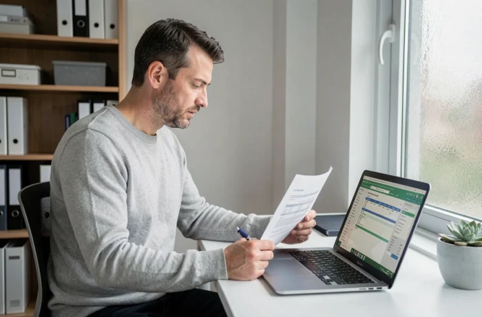 Homme analysant un investissement immobilier sur ordinateur portable dans un bureau à domicile
