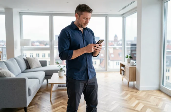 Homme consultant une application immobilière sur smartphone dans un appartement moderne et lumineux
