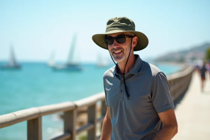 Homme chauve en promenade côtière portant un bob olive avec protection solaire UPF