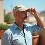 Homme chauve portant une casquette beige ajustée en coton sur une terrasse urbaine ensoleillée