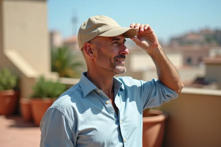 Homme chauve portant une casquette beige ajustée en coton sur une terrasse urbaine ensoleillée