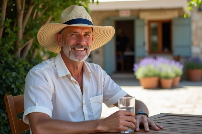 Homme chauve avec chapeau de paille à larges bords assis en terrasse de café en France