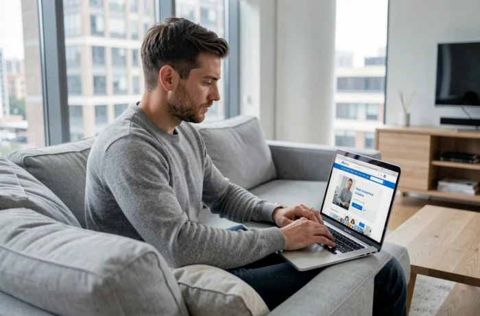 Homme contactant sa mutuelle en ligne via un ordinateur portable dans un salon moderne