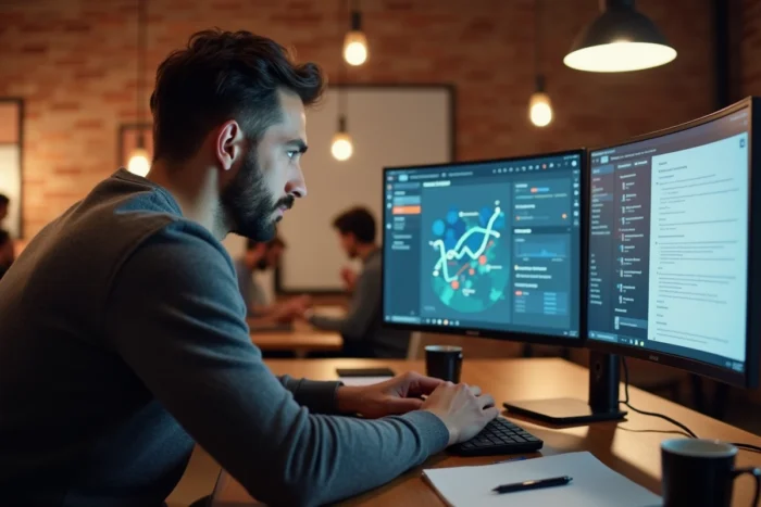 Homme concentré travaillant sur une feuille de route digitale avec deux écrans dans un espace de coworking contemporain