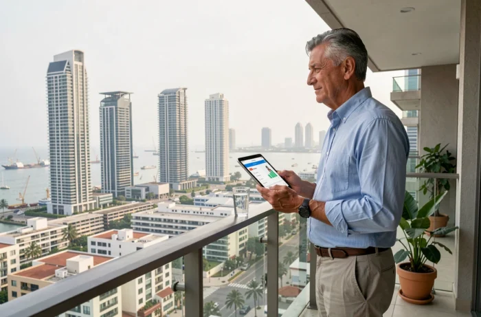 Homme expatrié consulte une application de gestion de retraite sur une tablette depuis un balcon avec vue sur une ville côtière internationale