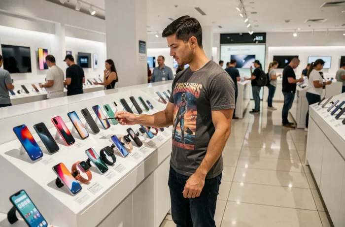Homme découvrant les derniers smartphones et montres connectées dans un magasin high-tech moderne
