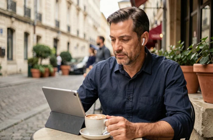 Homme adulte suivant une formation personnalisée sur tablette en terrasse de café dans une ville française
